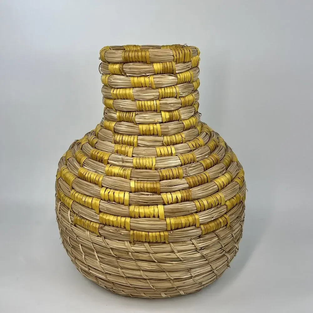 Wicker Coiled Bottleneck Vase 14.5” Floor Tabletop Boho Decor Yellow Stripe